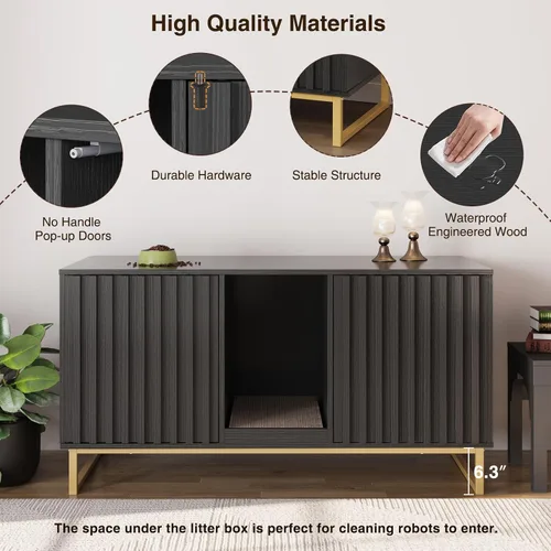 Vista 7 de Caja de arena para gatos para 2 gatos, caja de arena de 47.6 pulgadas, muebles ocultos con almohadilla para rascar, armario grande para habitación