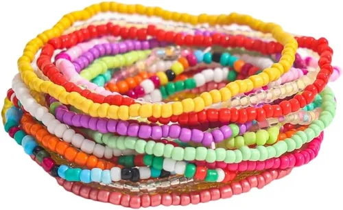 Vista 26 de Caiyao 12 pulseras apilables con cuentas de resina multicapa bohemia, pulseras elásticas de cuentas de cristal de colores, pulseras elásticas