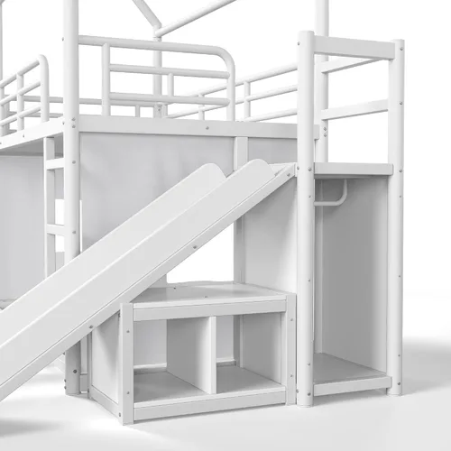 Vista 8 de RUNNA Playhouse Twin Over Full Bunk Bed with Slide and LED，Antique White-M