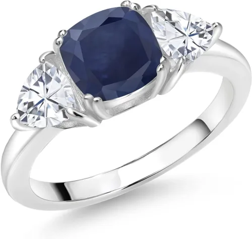 Vista 19 de 925 Sterling Silver Gemstone Birthstone and White Moissanite 3-Stone Engagement Ring for Women 7MM Cushion and 5MM Trillion Accents Three Stone