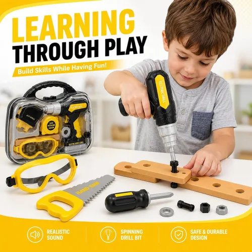 Vista 9 de Juego de herramientas para niños con estuche de transporte, taladro electrónico con brocas y chaleco de construcción – Kit de juego simulado