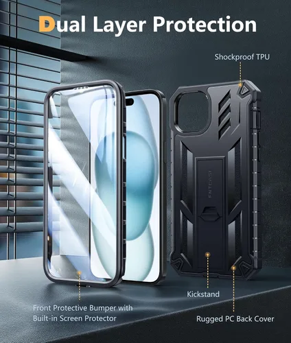 Vista 8 de FNTCASE Funda para iPhone 15 Plus: para iPhone 14 Plus, funda resistente de grado militar para teléfono celular con soporte, protección de TPU a
