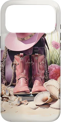 Vista 22 de Botas rosas y sombrero de vaquero Funda floral de vaquera costera para iPhone 17