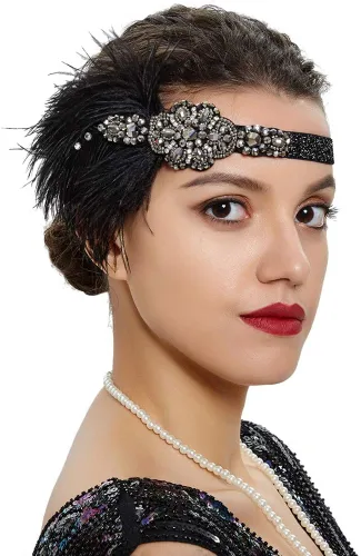Vista 6 de Roaring 20s Great Gatsby - Diadema estilo flapper para mujer, estilo Art Deco de los años 20, con plumas A azul