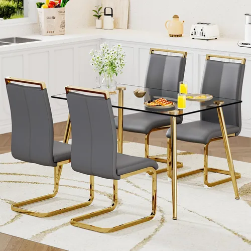 Vista 22 de Juego de mesa de comedor de vidrio Ebullient para 4, mesa de 51" de vidrio templado transparente con patas de metal negro y 4 sillas de acrílico