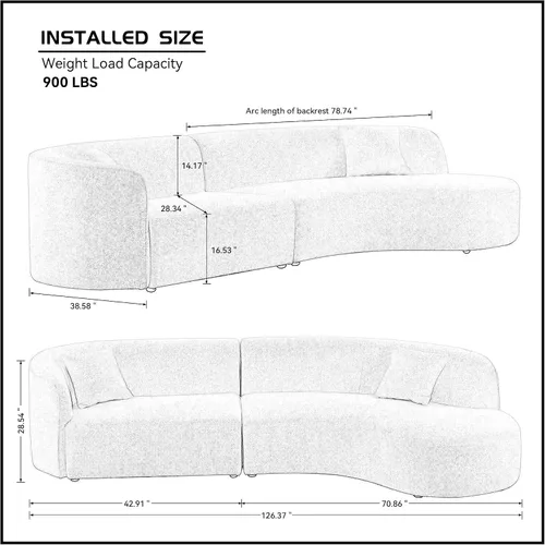 Vista 4 de Sofá curvado de 126 pulgadas, moderno sofá boucle, cómodo sofá nube, sofá de lujo de 4 asientos con almohadas para sala de estar/apartamento