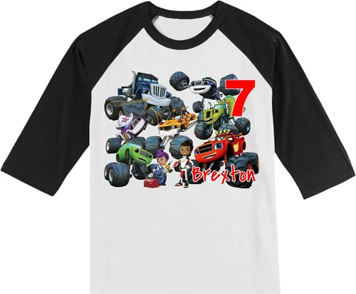 Vista 3 de Urban Smart Camiseta personalizada de cumpleaños Monster Truck Blaze Personalizada con nombre y edad Monster Truck Camiseta raglán unisex