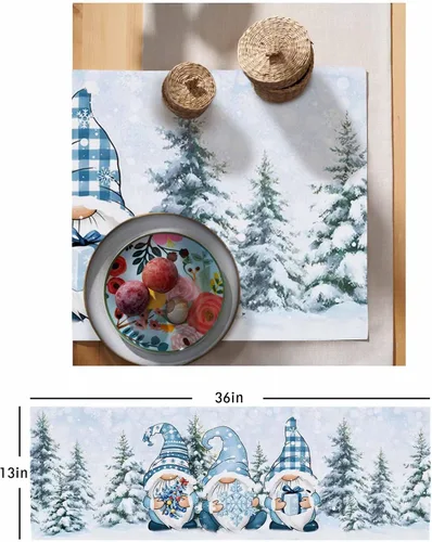 Vista 6 de Camino de mesa azul de Navidad de 36 pulgadas, corto, de lino de algodón, cocina, comedor, mesa de café, decoración de tocador, camino de mesa