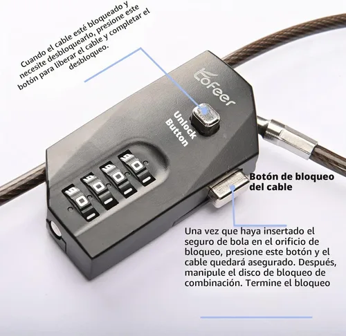 Vista 5 de Cerradura de cable de combinación de 4 dígitos, bloqueo de cable de acero recubierto de PVC de 70 pulgadas con cuerpo de aleación de zinc, 10,000