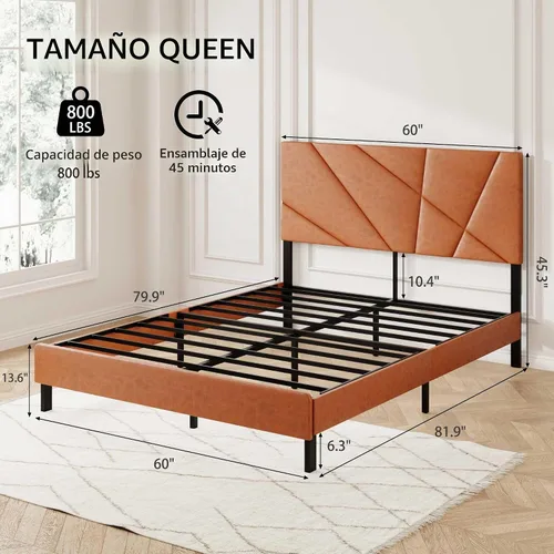 Vista 2 de Base de cama tapizada tamaño Queen con cabecera acolchada de piel sintética, soporte de listones de metal resistente, no necesita somier, marrón