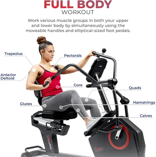 Vista 4 de Sunny Health & Fitness Elite Bicicleta reclinada de entrenamiento cruzado y máquina elíptica con ejercitadores de brazos para entrenamiento