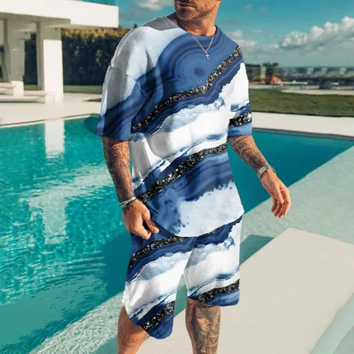 Vista 2 de Conjunto de 2 piezas para hombre, camiseta de retazos con estampado hipster, camiseta y pantalones cortos, traje deportivo para disfraz de niños