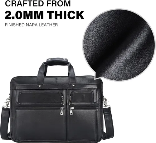 Vista 3 de Maletín de cuero de grano completo para hombre grande de 17 pulgadas de viaje de negocios bolsa de mensajero portátil con cremalleras de metal YKK