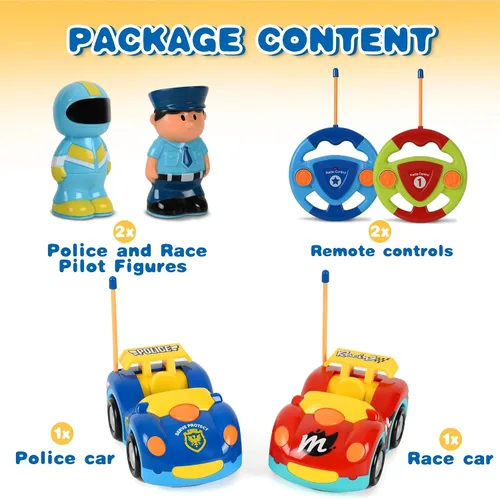 Vista 2 de Haktoys Carros de policía y carreras de dibujos animados a control remoto: juguetes RC para niños pequeños niños y niñas - Juego de 2 vehículos