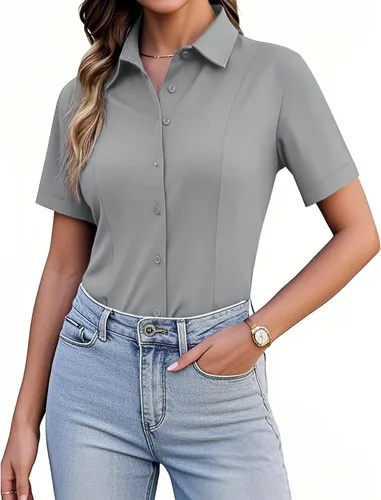 Vista 18 de Siliteelon Camisetas de Botón para Mujer, Ajustadas, de Manga Corta, Elásticas, Camisa de Vestir, Sin Arrugas, Sólida, Blusa de Trabajo