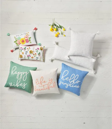 Vista 4 de Mud Pie Color Sentiment - Almohada Dhurrie, 22 x 22 pulgadas, Hello Sunshine