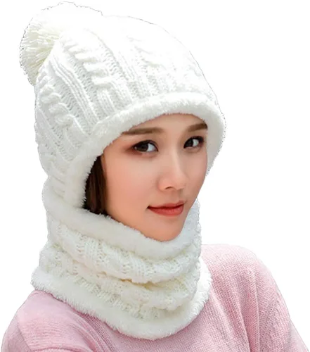 Vista 11 de Gorro de Invierno para Mujer de Una Pieza con Forro Polar Pasamontañas de Punto Conjunto con Bufanda Circular para Cuello Gorro de Esquí para Nieve