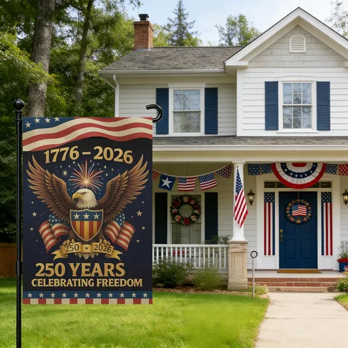 Vista 6 de Banderas de jardín con el 250 aniversario de Estados Unidos para exteriores, bandera de Estados Unidos del 250 aniversario 1776-2026, letrero