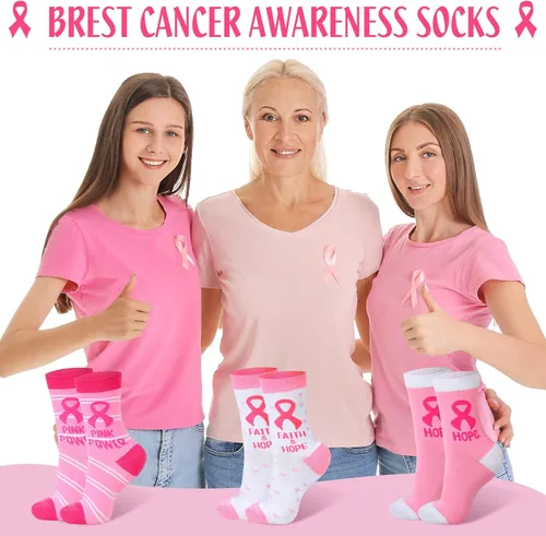Vista 7 de Hercicy Breast Cancer Awareness Socks Bulk Soft Pink Ribbon Breast Cancer Gifts for Women Sport Football Cheer Accessories