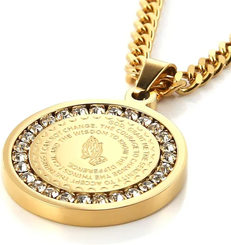 Vista 5 de HZMAN collar de joyería cristiana con versículo de la Biblia, para rezar, de acero inoxidable, con dije de moneda con manos unidas