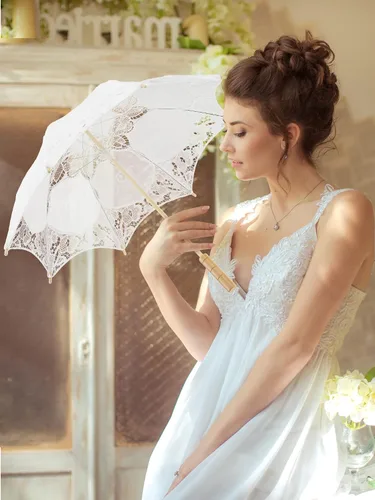 Vista 5 de 6 paraguas de encaje Paraguas vintage de encaje de boda con asa para dama de honor, mujeres de flores (blanco)