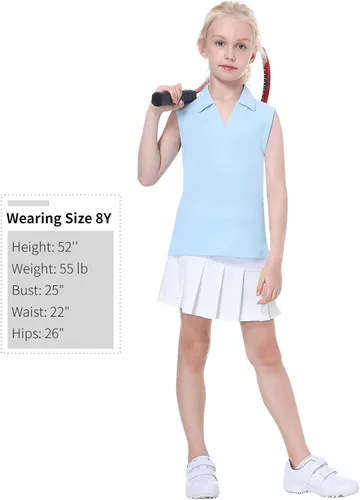 Vista 6 de EXARUS Camisetas polo de golf para niñas, sin mangas, cuello en V, tenis, atléticas, para ejercicio escolar de 5 a 12 años