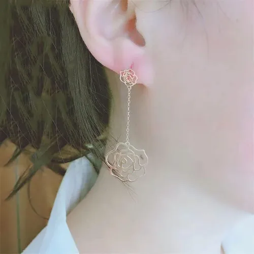 Vista 5 de SAGEKING 2024 New 585 Purple Gold Plated 14K Rose Gold Gift Fashion Flower Long Earrings For Women Light Luxury Wedding Jewelry For Girlfriend Gift