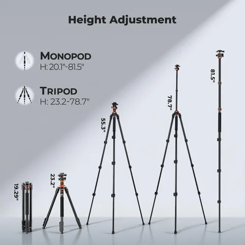 Vista 2 de K&F CONCEPT Trípode para cámara, trípode de aluminio de 78 pulgadas, trípodes y monopies de 81 pulgadas, trípode de viaje estable y resistente