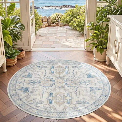 Vista 344 de jinchan Lima - Alfombra simétrica floral geométrica lavable, alfombra de entrada de medio círculo de 2 x 3, alfombra de media luna, suave y Azul