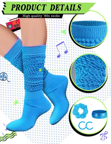 Vista 4 de 4 piezas de accesorios de los años 80 y 90 para mujer, calcetines de neón slouch Scrunch de los años 80, calentadores de piernas pesados, suaves