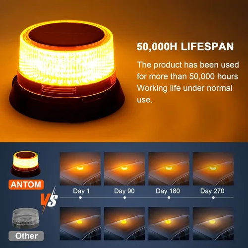 Vista 7 de AnTom Luces estroboscópicas LED solares inalámbricas, luz de baliza ámbar recargable impermeable con base magnética fuerte, advertencia de rotación