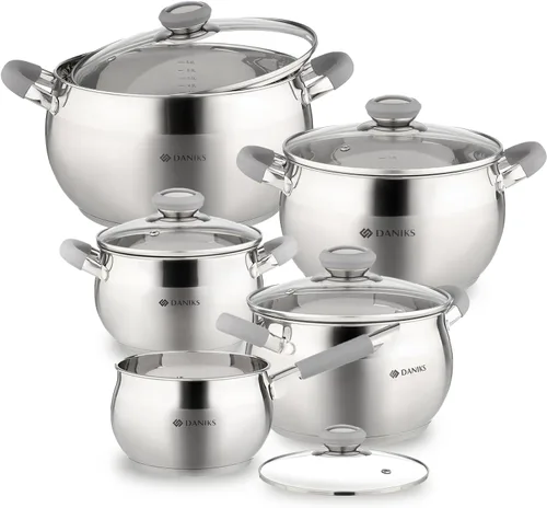 Vista 13 de Daniks - Olla moderna de acero inoxidable con tapa de vidrio, inducción, 2 cuartos, olla apta para lavavajillas, asas a prueba de calor, olla
