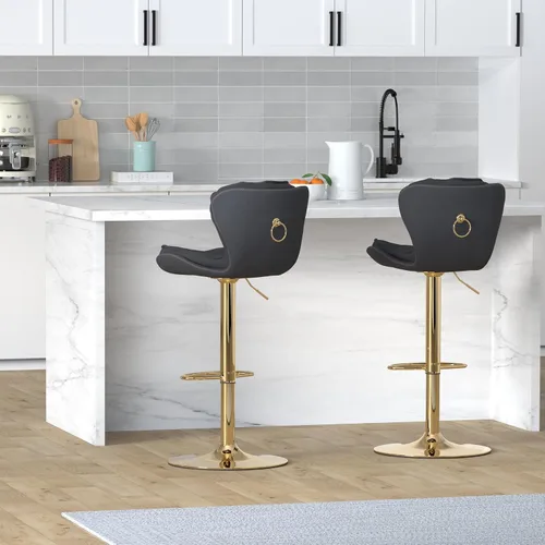 Vista 2 de Taburete de bar moderno giratorio de altura de pub, silla de comedor alta con asiento de terciopelo, respaldo, taburete hidráulico sin brazos, Negro