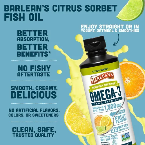 Vista 4 de Barlean's Suplemento líquido de aceite de pescado Omega 3 para hombres y mujeres, 1500 mg de ácido graso EPA y DHA, promueve la salud del cerebro