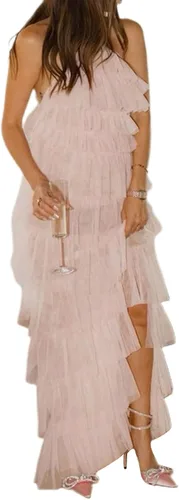 Vista 2 de Vestido largo con cuello halter para mujer, vestido de fiesta con tutú de tul y volantes Y2K