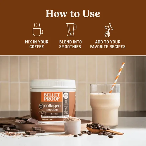 Vista 5 de Bulletproof Polvo de Péptidos de Colágeno Chocolate con Aceite MCT, 14.3 Onzas, Proteína de Colágeno Alimentado con Pasto para la Piel, Soporte