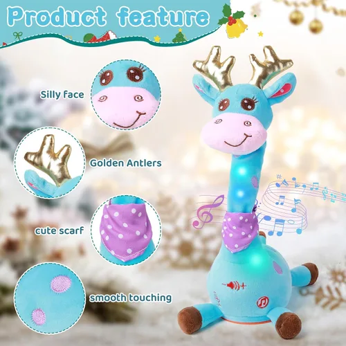 Vista 2 de Jirafa que habla bailando con cuernos dorados, juguete de peluche para bebé que repite lo que dices, juguete musical con cuernos dorados, regalos