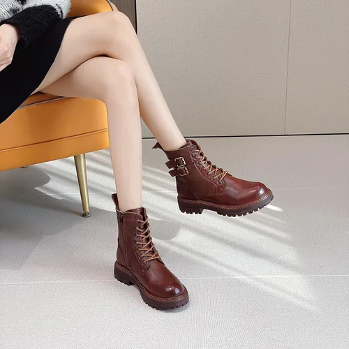 Vista 5 de Botines de cuero para mujer, con cordones, tacón bajo