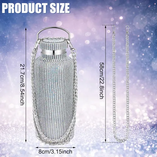 Vista 2 de Geiserailie Botella de agua con diamantes de imitación de acero inoxidable, térmica, recargable, aislada, con cadena, para mujeres y niñas