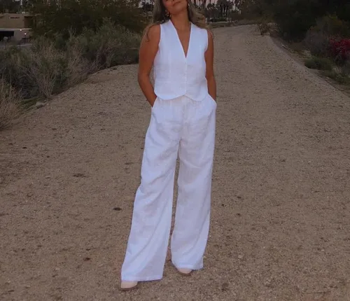 Vista 3 de Sumleno Conjunto de 2 piezas de algodón y lino para mujer, cuello en V profundo, chaleco Y2K, pantalones de pierna ancha, ropa estética de dinero