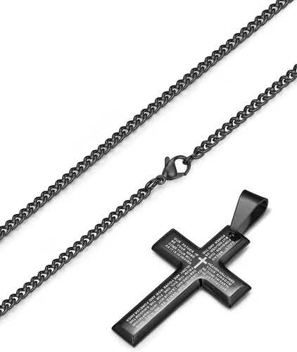Vista 4 de LOYALLOOK Collar de acero inoxidable para hombre, 24 pulgadas, plata y tono negro con cruz colgante de oración del señor
