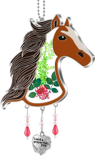 Vista 23 de KY&BOSAM Atrapasoles de cristal pintado a mano con cabeza de caballo, campanilla de viento con flor prensada incrustada en ventana de cristal, Día