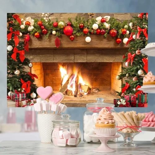 Vista 3 de Lofaris Telón de fondo de chimenea de Navidad de 5 x 3 pies, diseño vintage de árbol de fuego, medias rojas, regalos de fondo de fotografía
