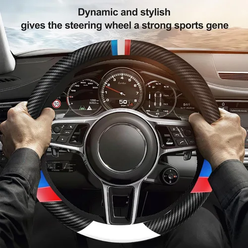 Vista 2 de Funda de cuero de fibra de carbono para volante de automóvil deportivo, juego de cuero de alta calidad, elegante, antideslizante
