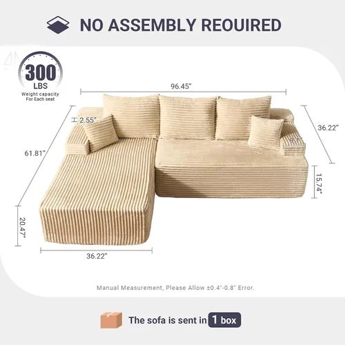Vista 2 de Sofás seccionales Cloud de 96 pulgadas para sala de estar, sofá sin hueso en forma de L con cómoda silla, sofá modular con asiento profundo,