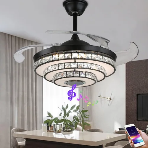 Vista 9 de Modernos ventiladores de techo de cristal de 42 pulgadas con luces y control remoto 7 colores regulables/Bluetooth/rotación bidireccional - Negro 3