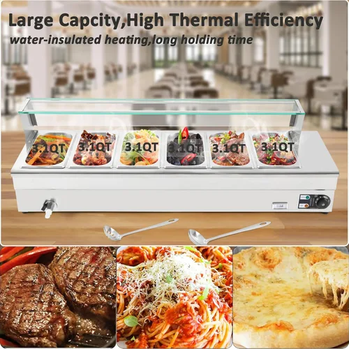 Vista 2 de LOYALHEARTDY Calentador de alimentos comercial, 110 V, 1200 W, calentador de alimentos Bain Marie, 6 sartenes x 1/3 GN grado alimenticio 201 acero