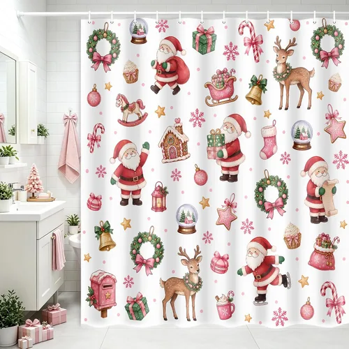 Vista 9 de Merry Christmas Tree Ornaments Waterproof Shower Curtain Set with Hooks Navidad