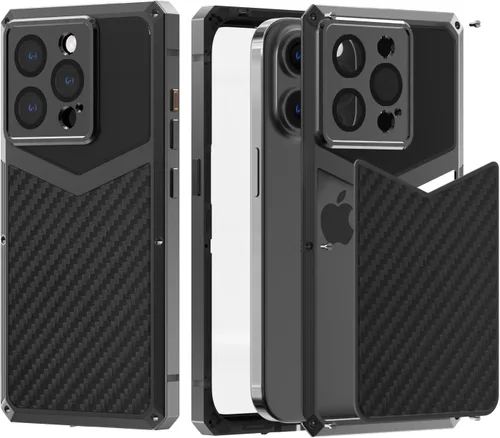 Vista 8 de HUALIMEI Funda de lujo para iPhone 13 Pro 6.1, funda de teléfono de fibra de carbono, armadura protectora militar con protector de pantalla