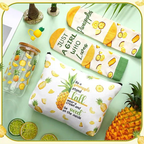Vista 6 de SiliFine Juego de 3 piezas de regalos de piña para mujer, tazas de piña de verano con tapas y pajitas, regalos Aloha hawaianos, incluye piñas